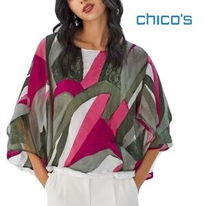 Chico's Patched Play Jayma Poncho Blouse Top Ultra Pink Caplet Flowy